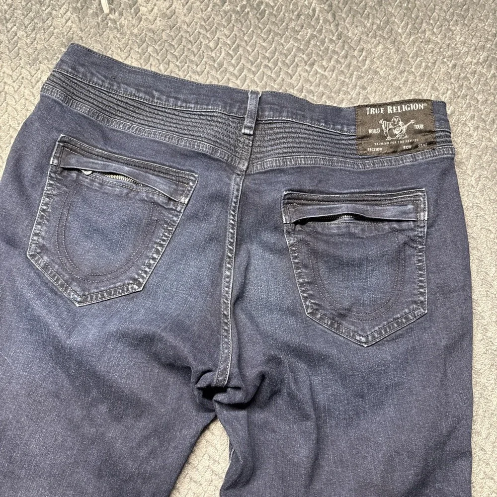 True Religion Rocco Men 38x33 Biker Moto Relaxed Skinny Denim Blue Jeans Stretch
